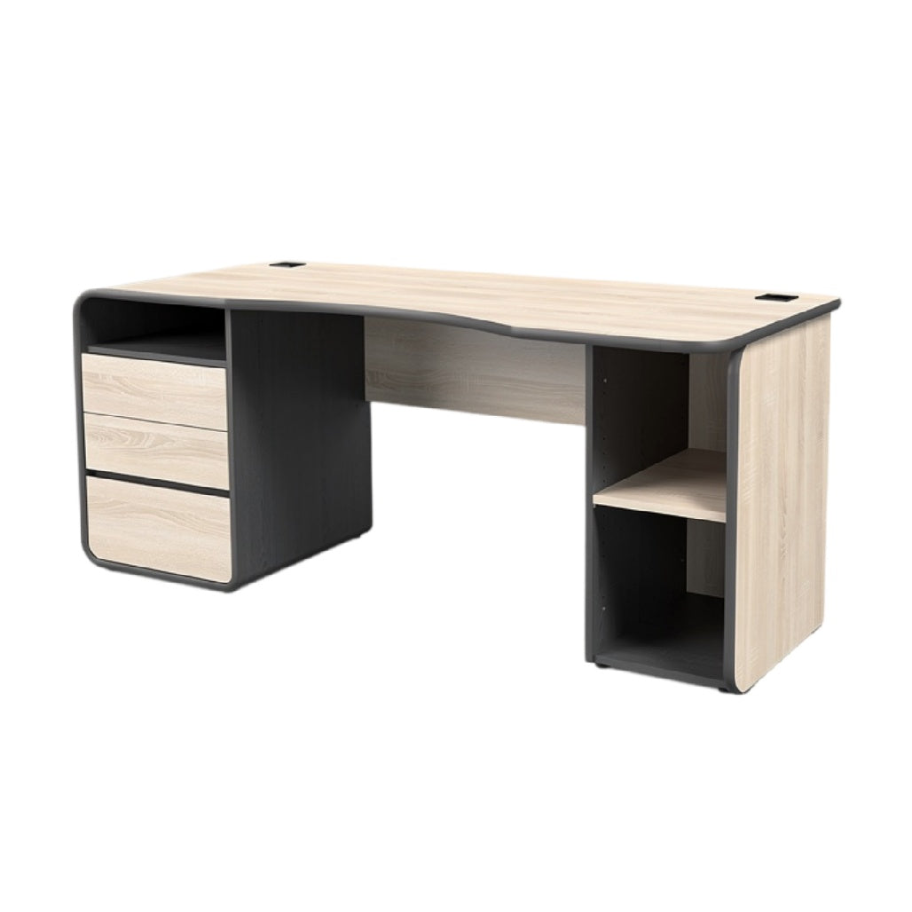 **Technische titel in het Nederlands: Moderne bureau met opbergruimte in houtlook**
