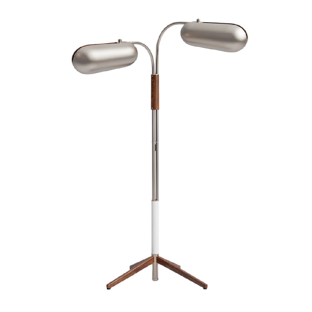 **Technische Titel in het Nederlands: Moderne staande lamp met dubbele arm en houtaccenten**